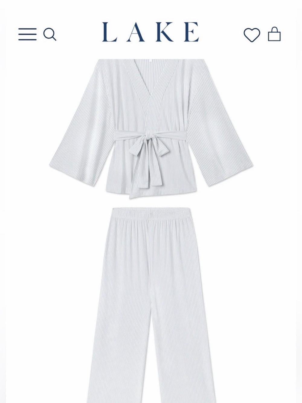 LAKE Striped Light Blue Kimono Pajama Set with Tie-Waist XS - Picture 4 of 9